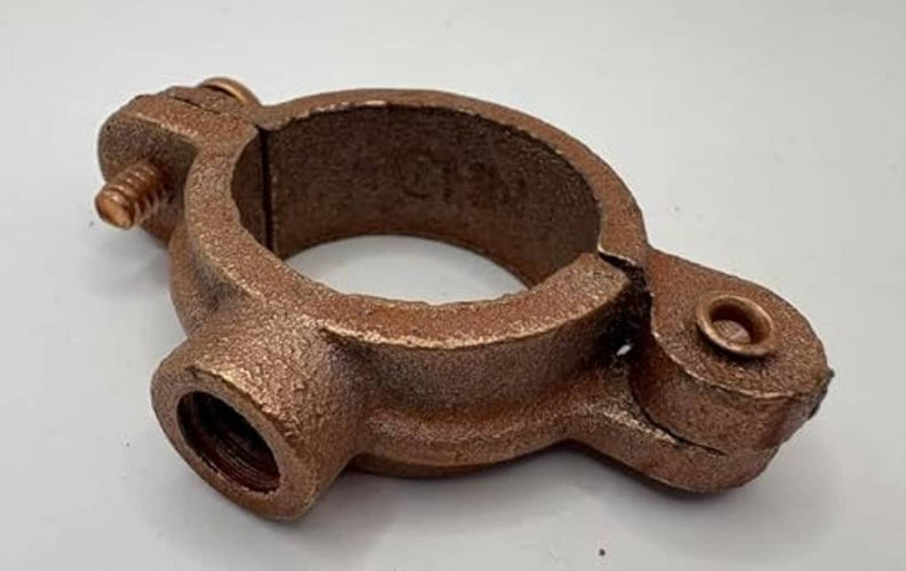 Copper-plated hinged split ring pipe hanger with screw and side mounting hole, dark brown