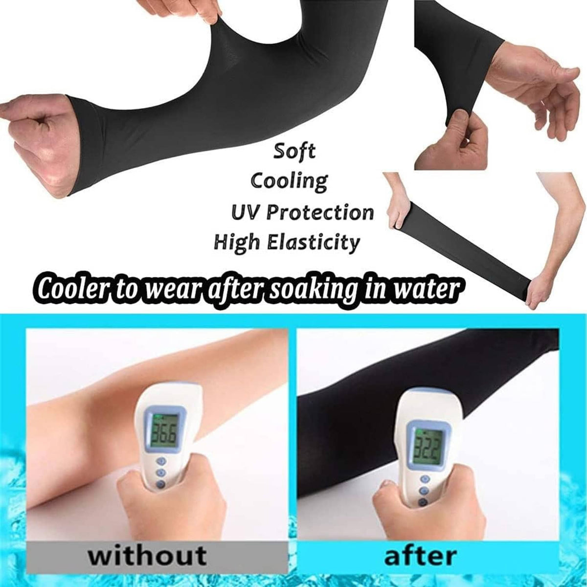 Black arm sleeves, soft cooling UV protection fabric with high stretch