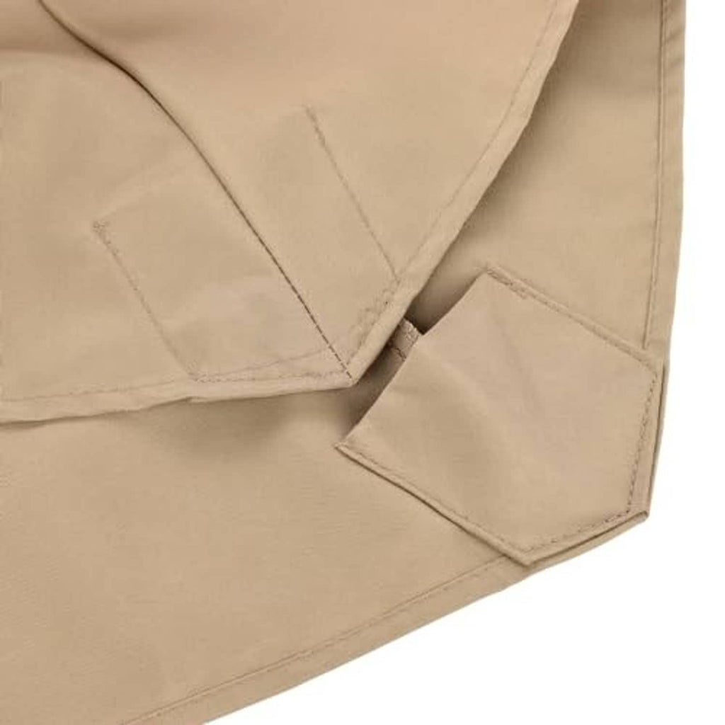 Beige umbrella cover corner with reinforced stitching detail