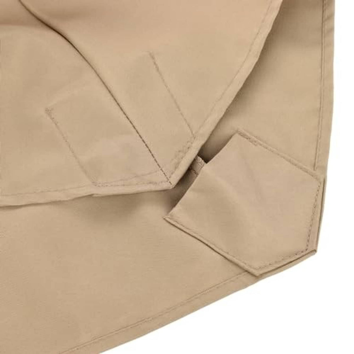 Beige umbrella cover corner with reinforced stitching detail