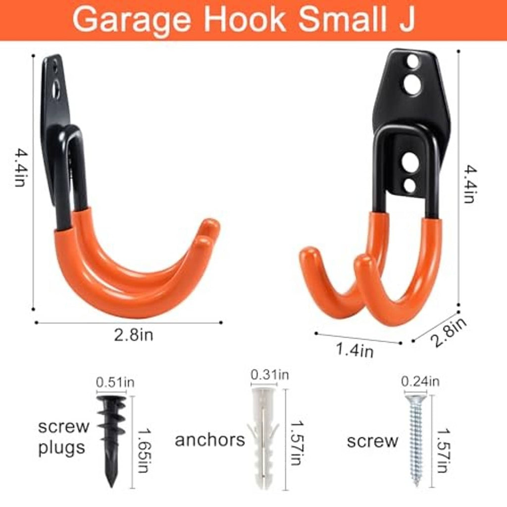 Small J hook with black steel bracket and orange curved arms, with screw and plug