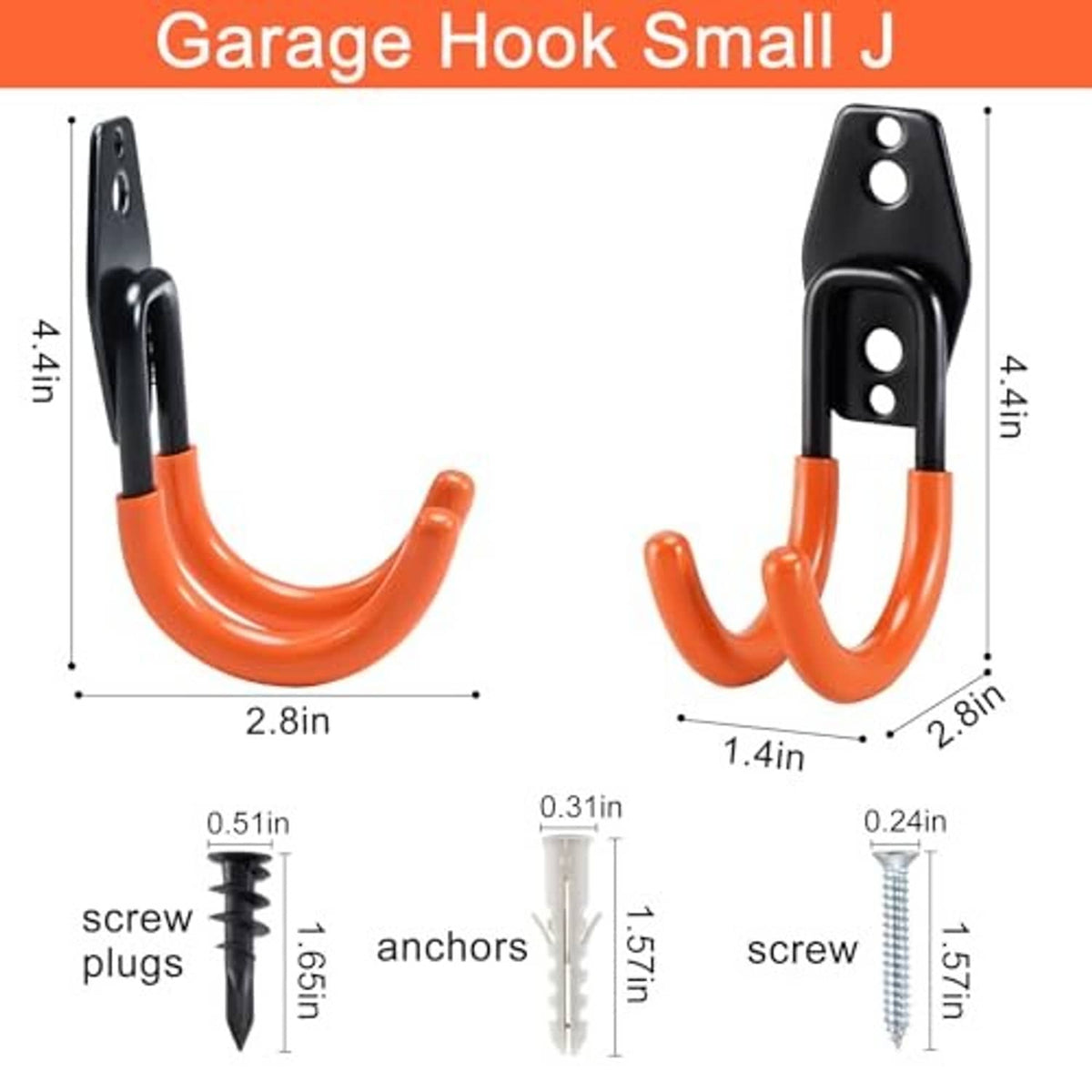 Small J hook with black steel bracket and orange curved arms, with screw and plug