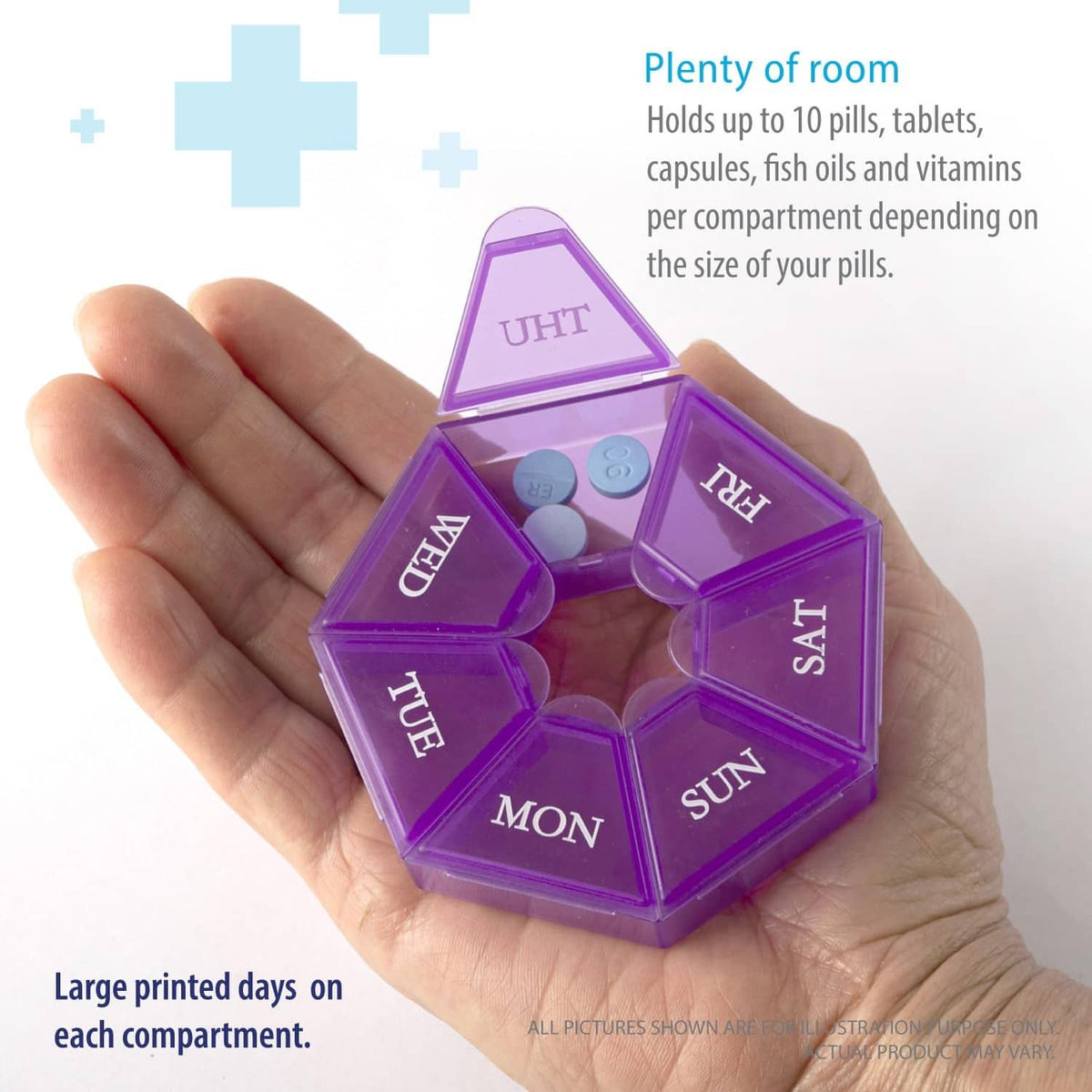 Purple weekly pill organizer held in hand, showing 7 clear day compartments