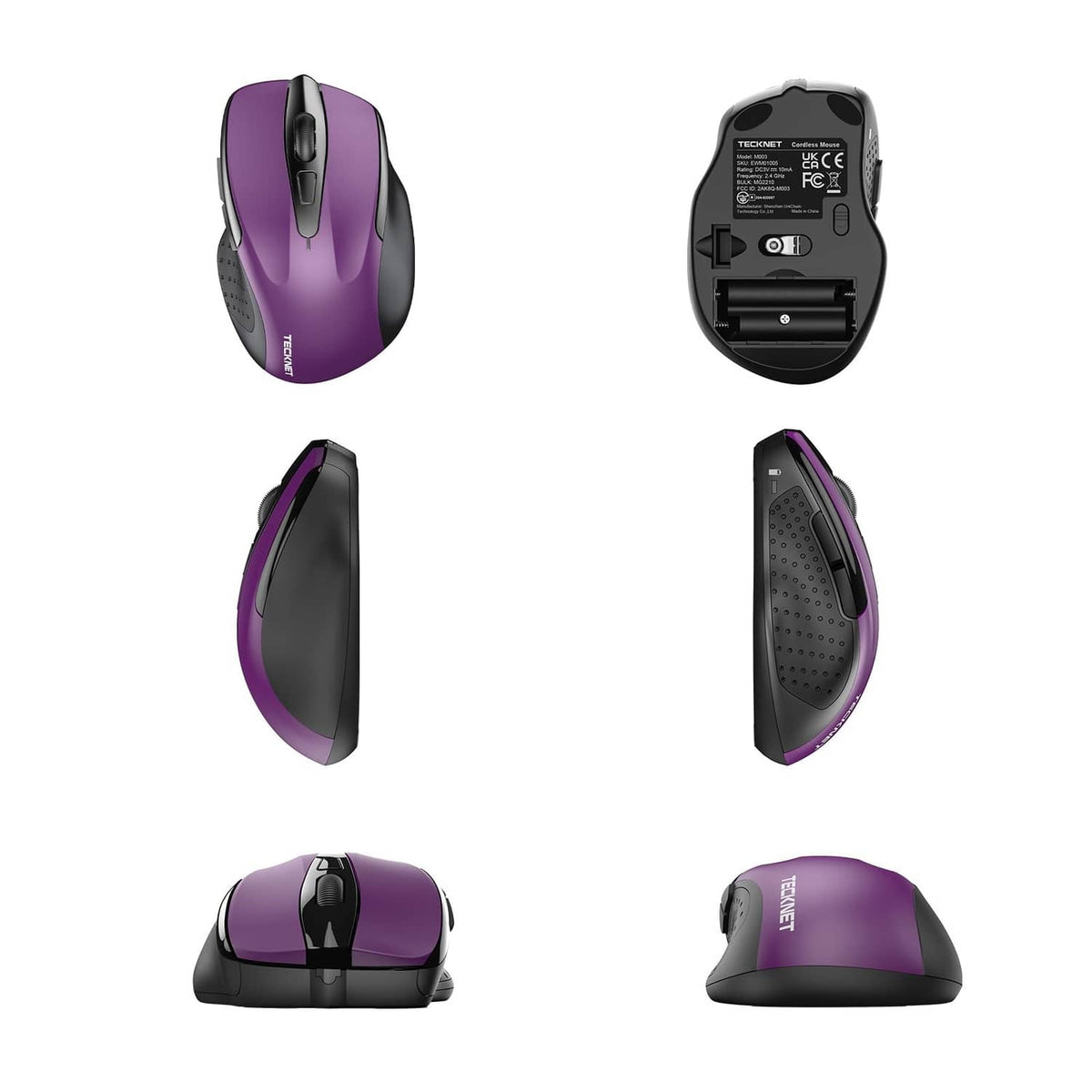 Purple and black ergonomic optical wireless mouse, multiple angles: front, side, underside