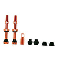 Orange Presta tubeless valve set with metal stems, caps, and rubber bases