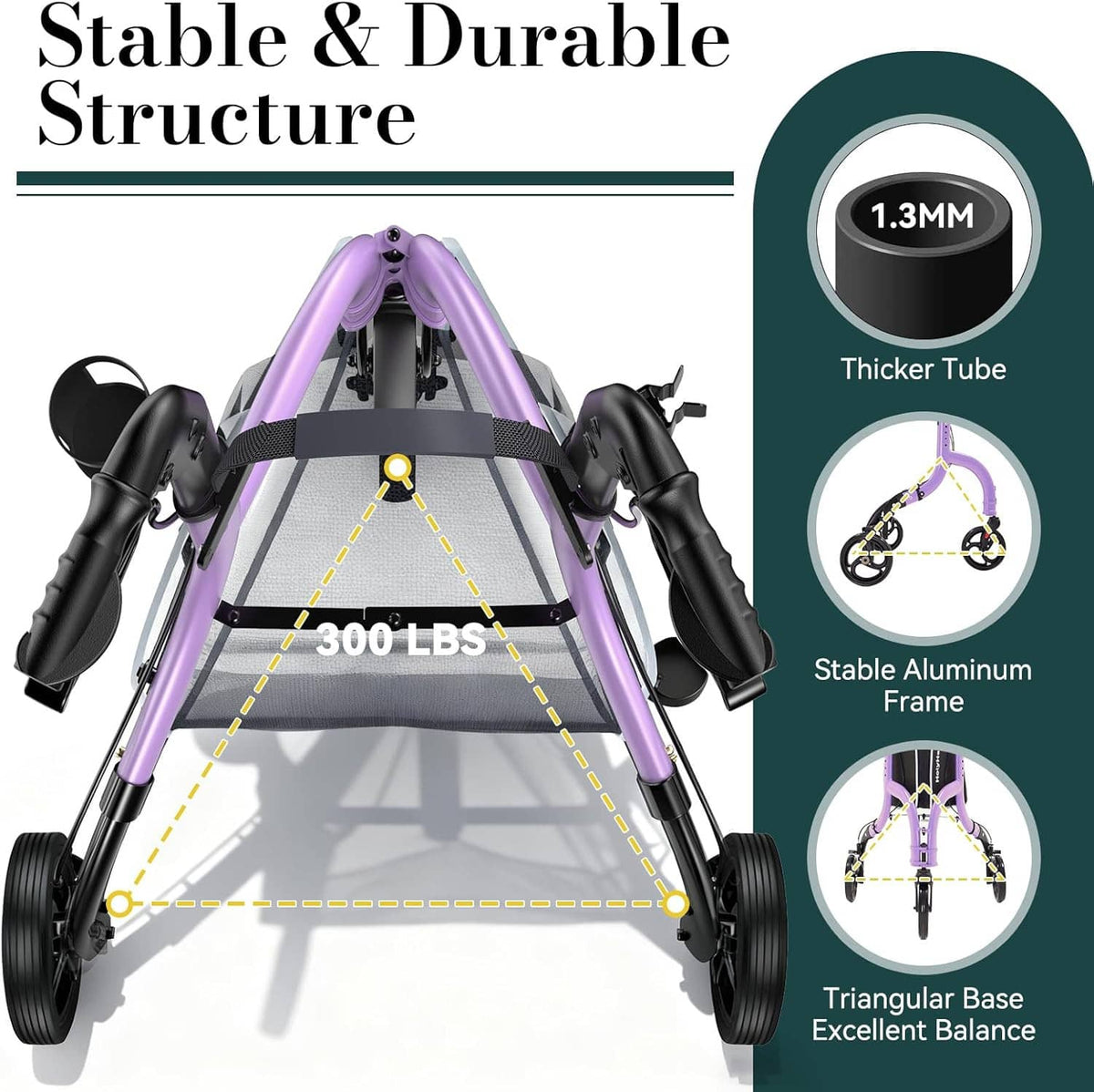 Triangular-base 3-wheel rollator with thick aluminum frame tubes in purple