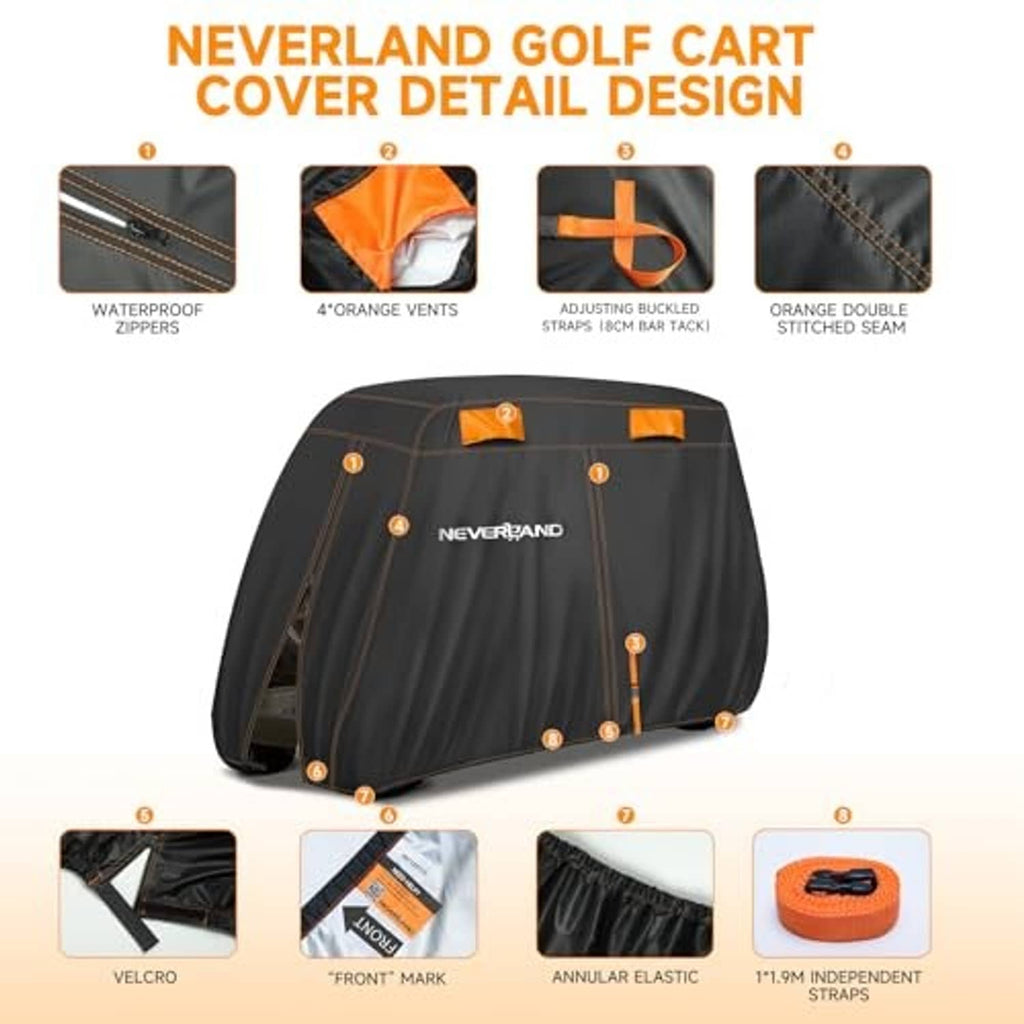 Black golf cart cover with orange double-stitched seam detail and NEVERLAND logo
