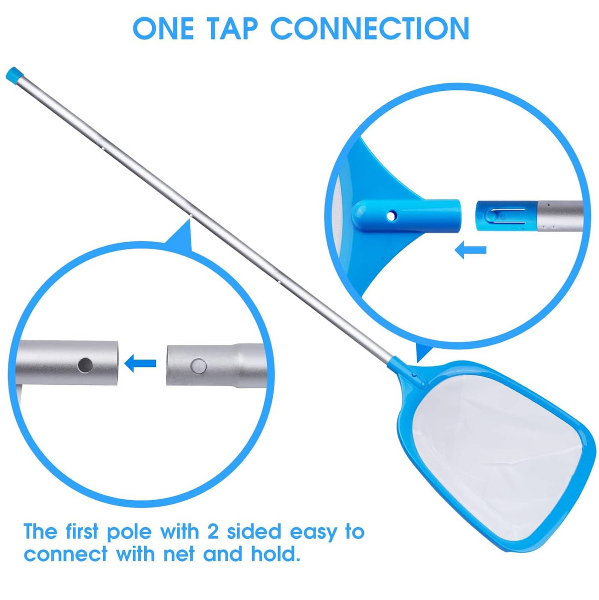 Blue pool skimmer net with extendable pole featuring push-connector end