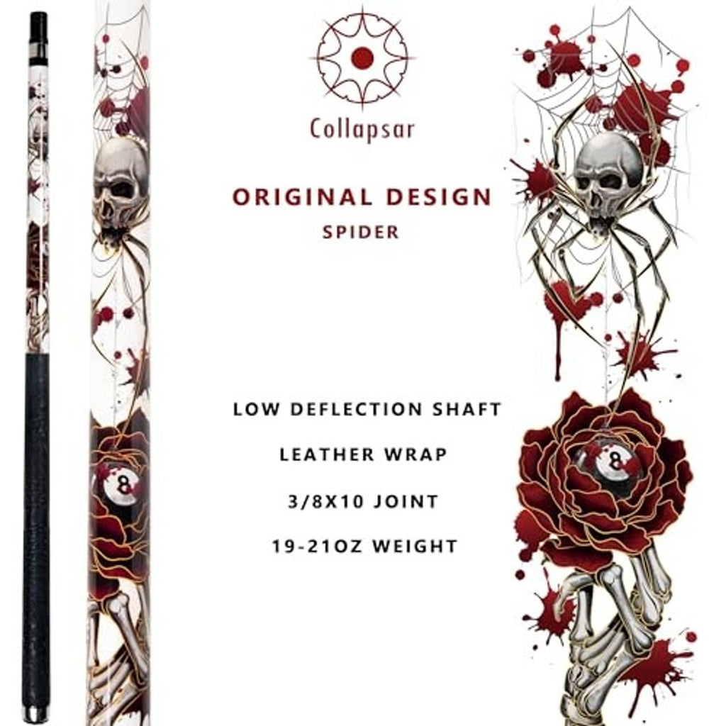 Spider-themed pool cue with white skull and rose graphics on a black shaft