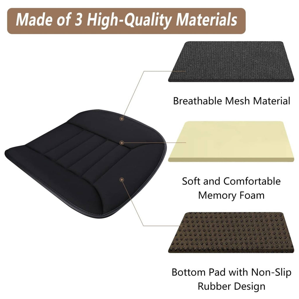 Black memory foam seat cushion with breathable mesh and non-slip rubber base