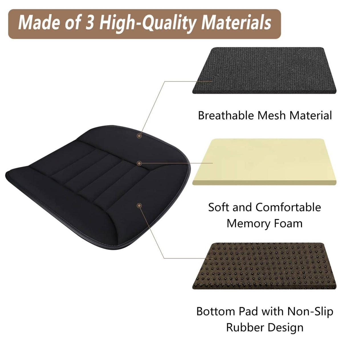 Black memory foam seat cushion with breathable mesh and non-slip rubber base