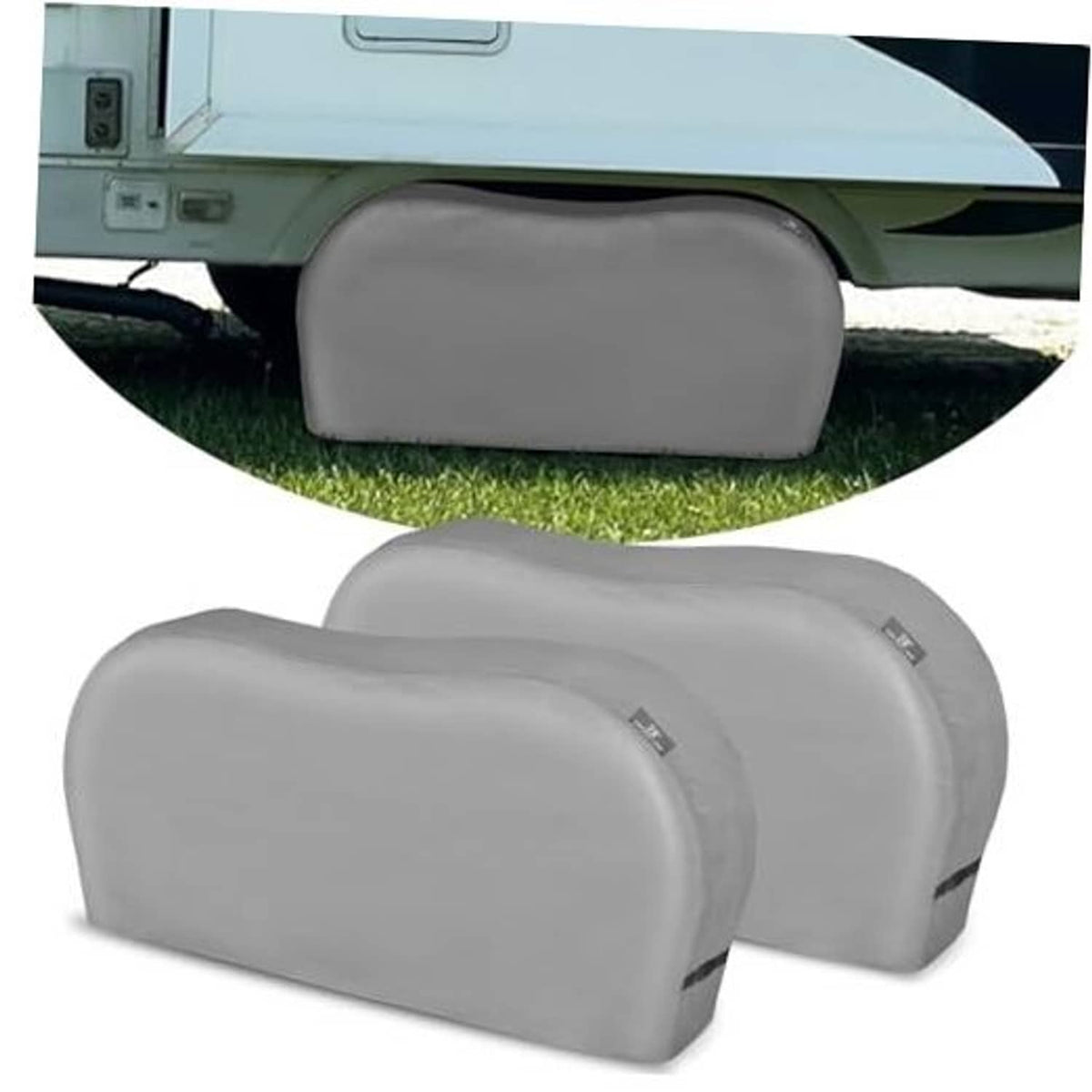 Gray dual axle tire cover with smooth padded top, protective wheel cover shell