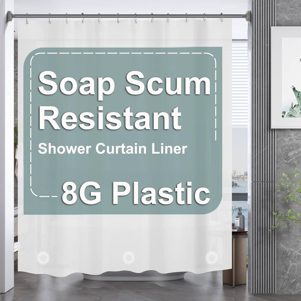 Frosted white plastic shower curtain liner with reinforced top grommets and metal rings