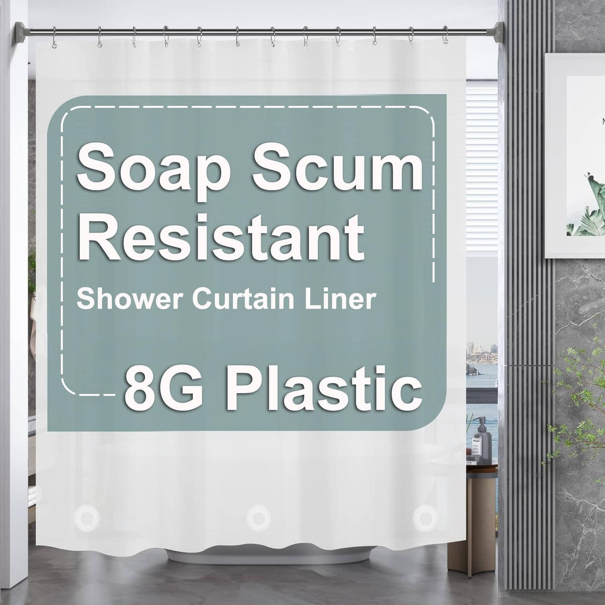 Frosted white plastic shower curtain liner with reinforced top grommets and metal rings