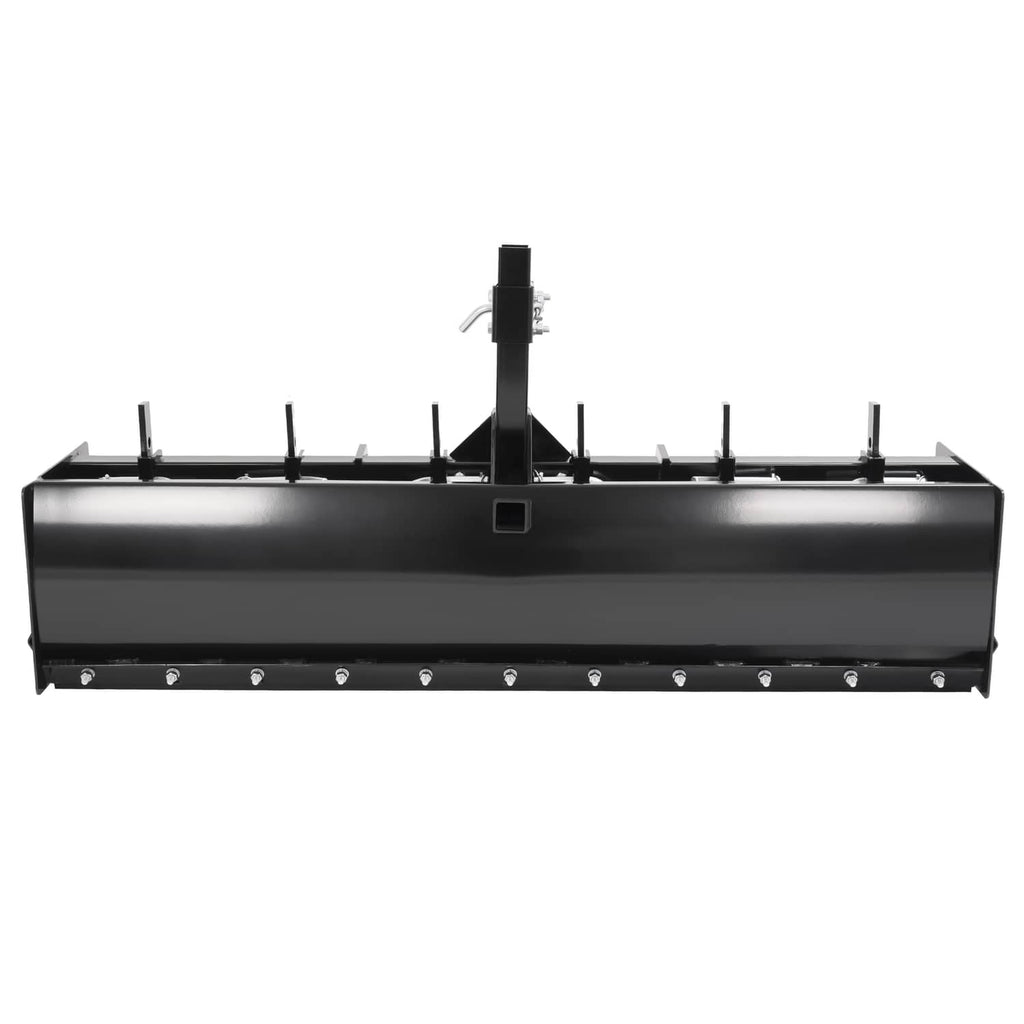 Tow-behind box scraper blade front view with solid steel housing and raised tooth row