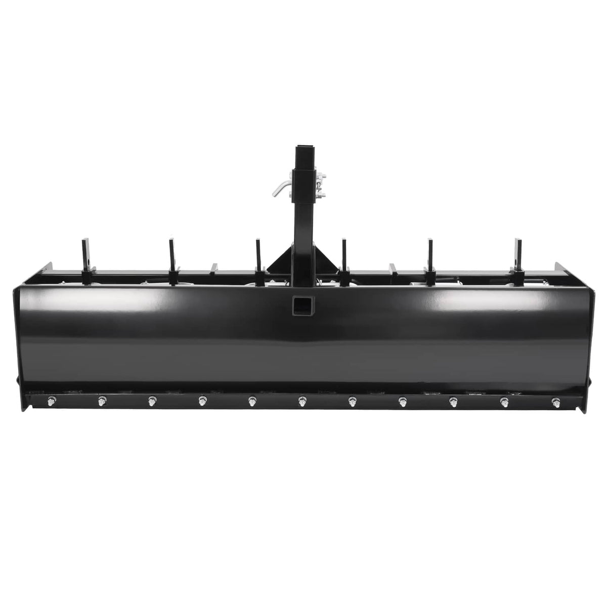 Tow-behind box scraper blade front view with solid steel housing and raised tooth row