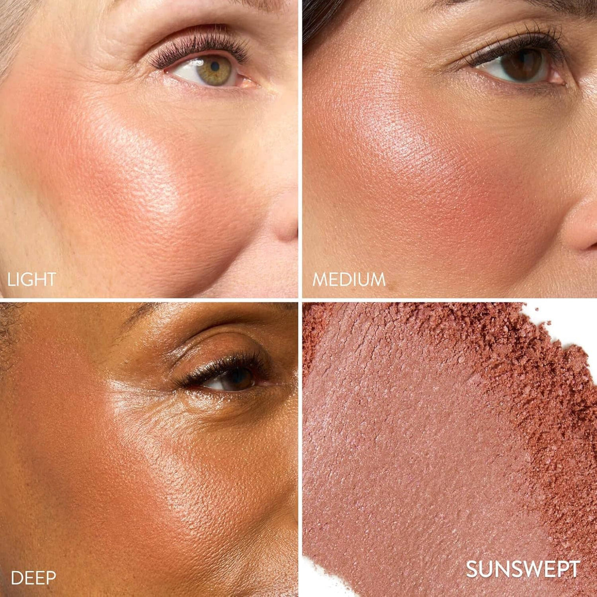 Swatches of light, medium, and deep blush tones on skin