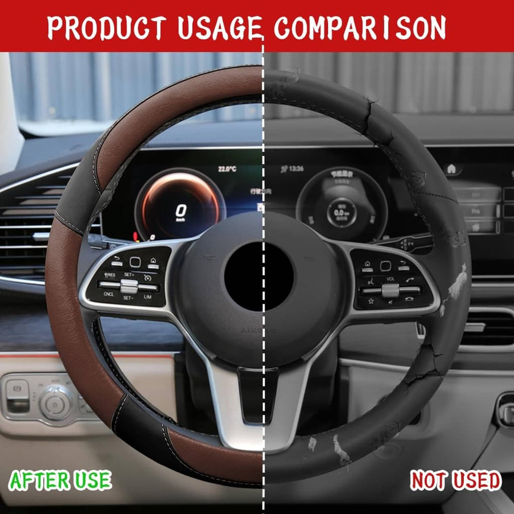 Steering wheel cover comparison view: brown wrap on wheel with textured black inner section