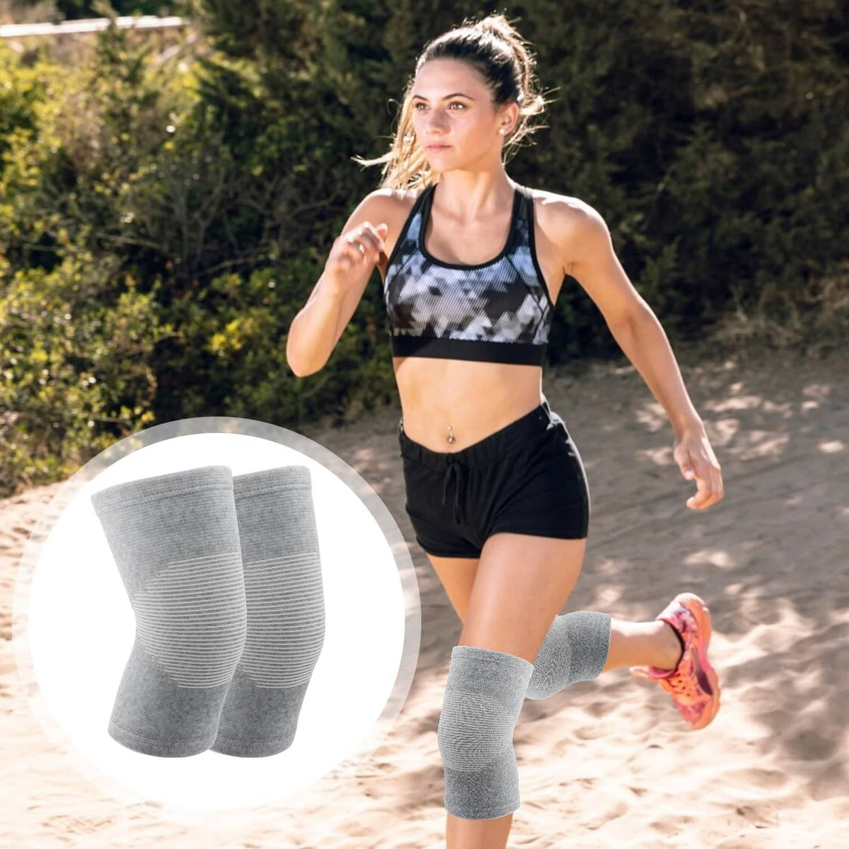 Gray knee sleeves on runner leg with overlay showing knit compression design