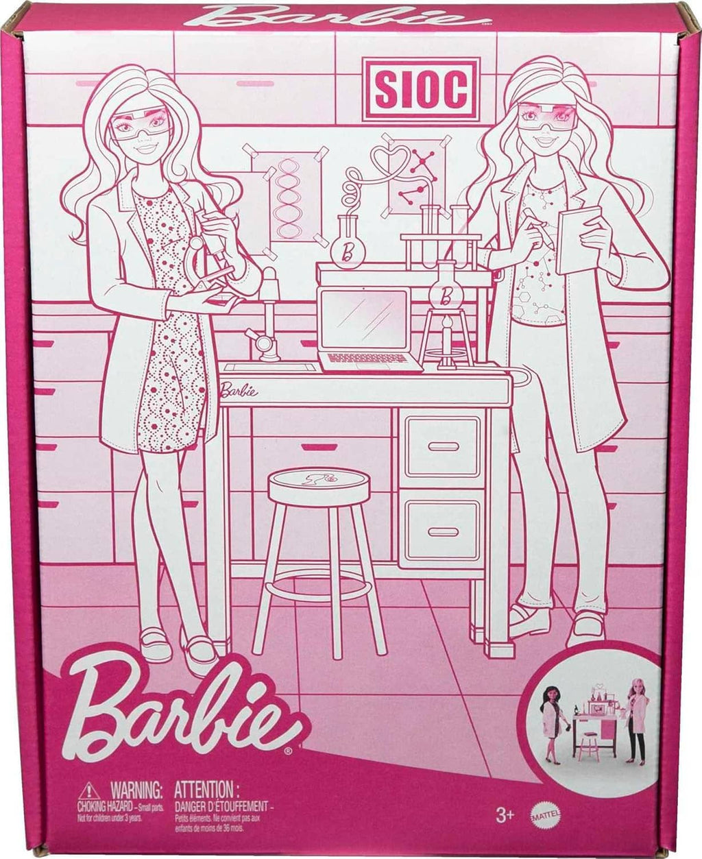 Science doll playset box with two dolls and lab bench illustration, age label on front