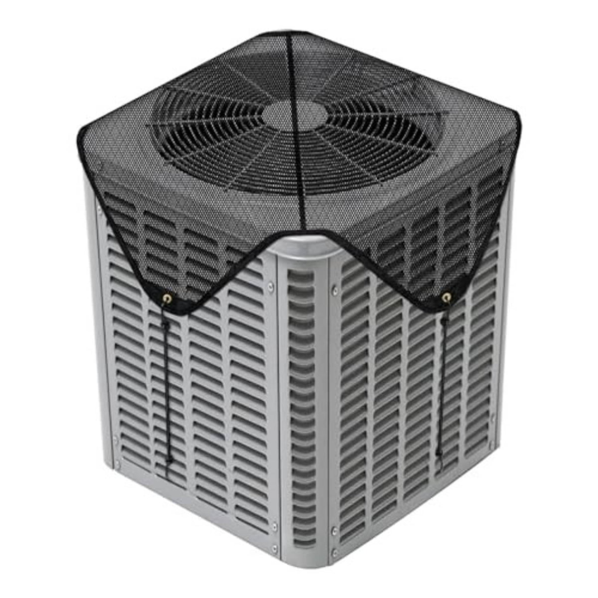 Square outdoor AC unit mesh cover with curved top center opening and vented sides