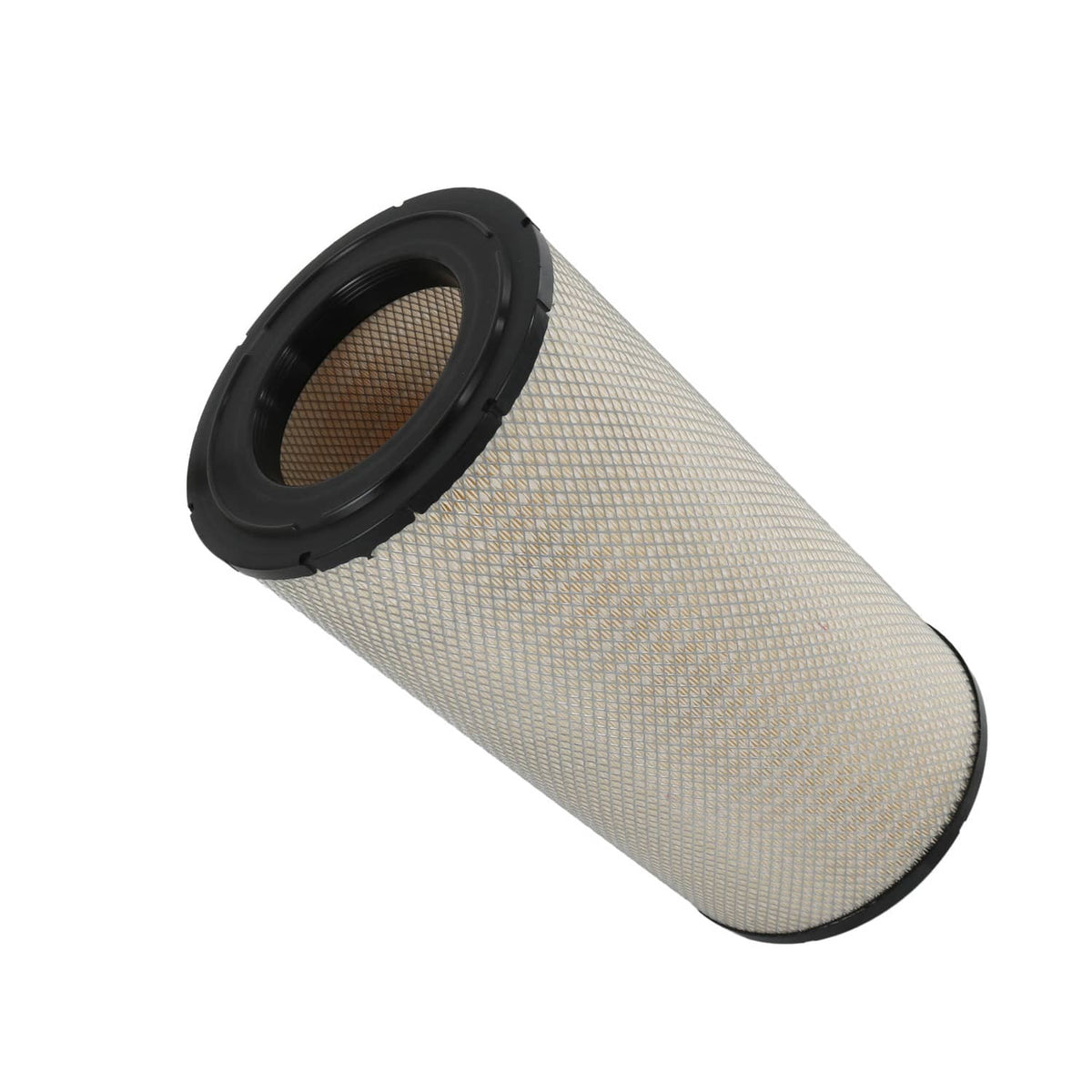 Engine air filter cartridge angled with black gasket ring on one end