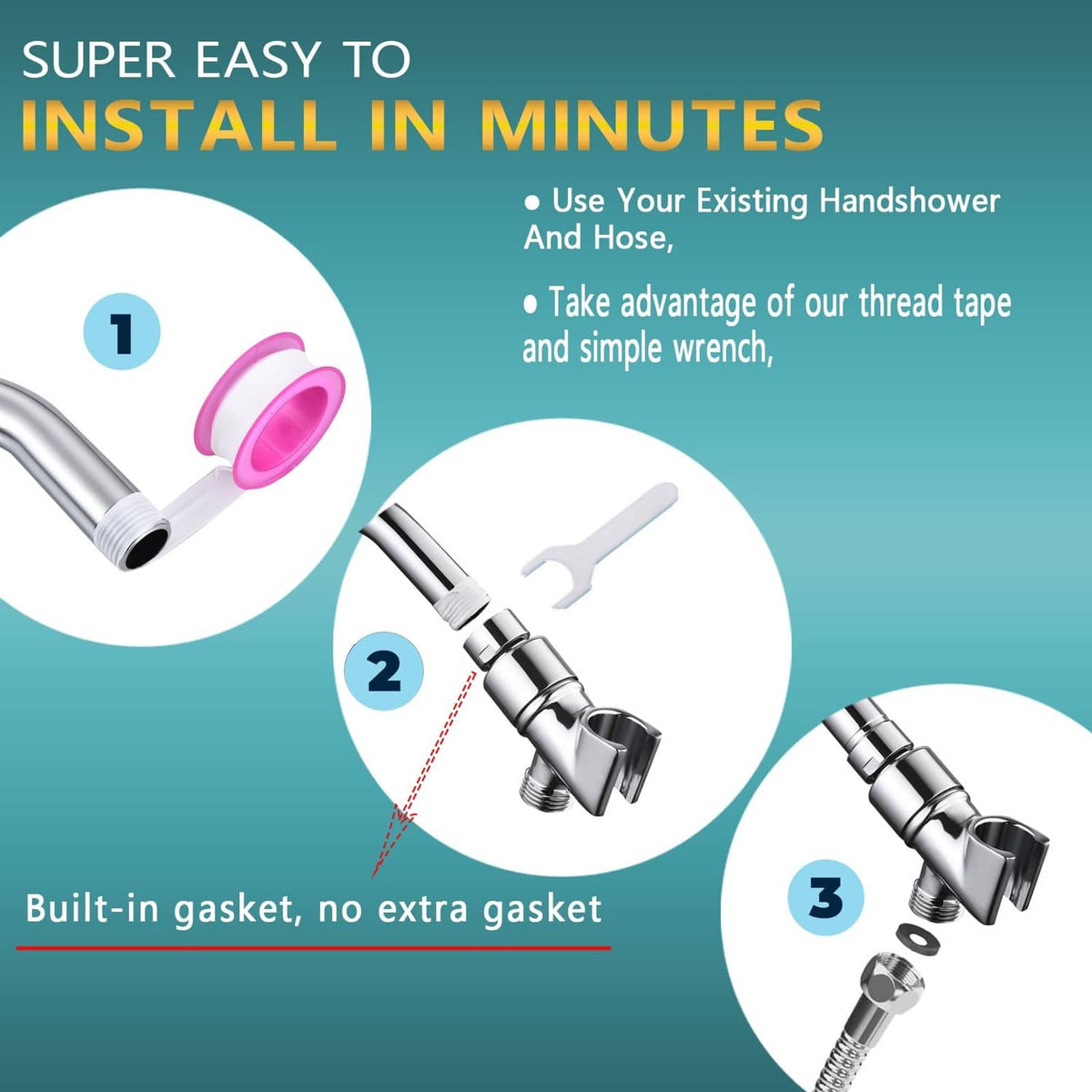 Chrome shower head holder kit with gasket, wrench, and installation parts