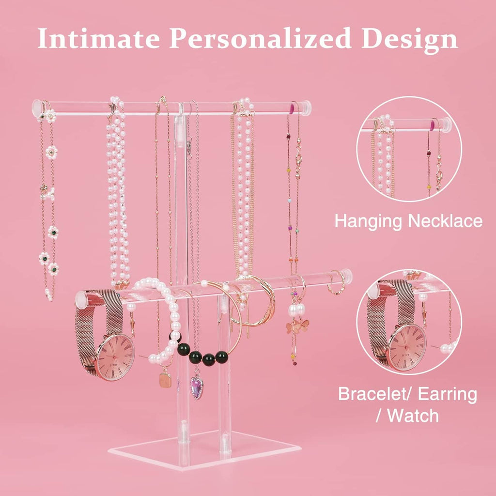 Clear acrylic jewelry stand with hanging necklace and bracelet/earring watch hooks