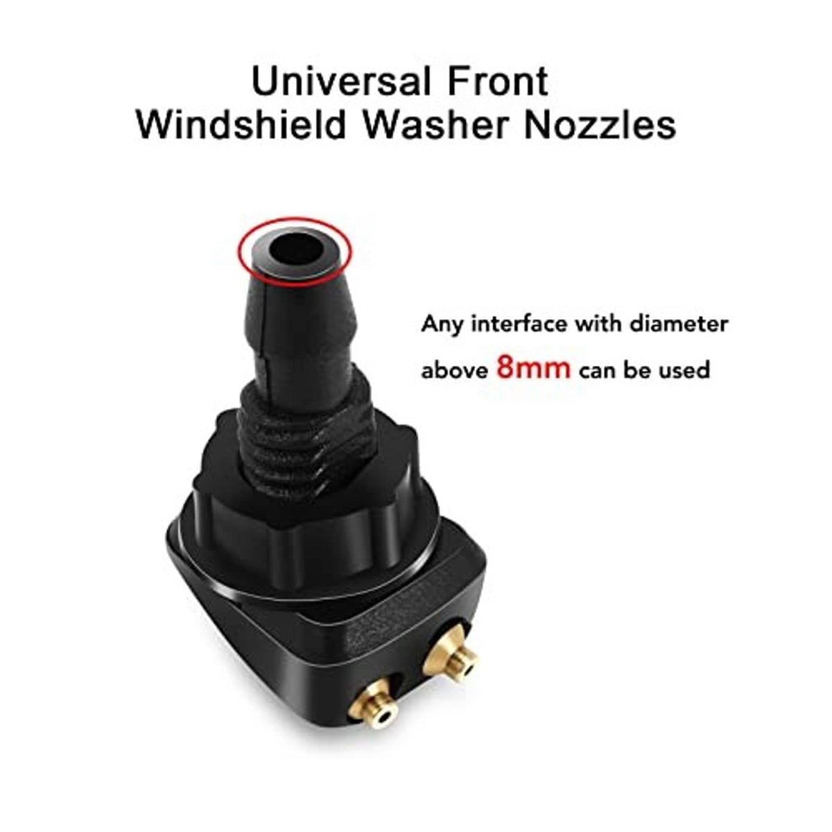 Universal front windshield washer nozzle with black base and brass twin inlet ports
