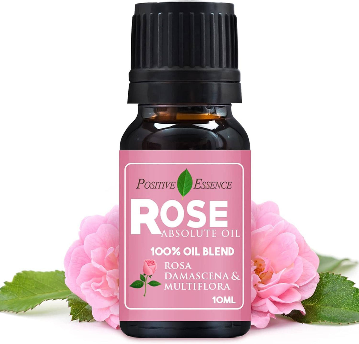 Rose absolute oil bottle with black cap and pink front label, 10 ml