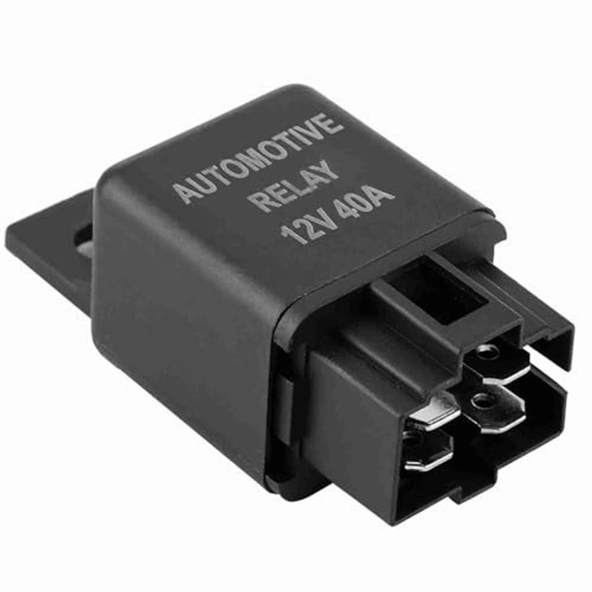 Automotive relay 12V 40A showing front terminals and black mounting tab