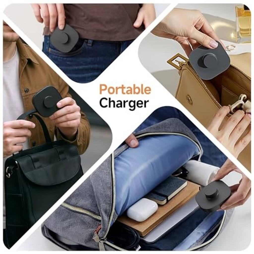 Portable black smart ring charger with compact dock and attached charging cable