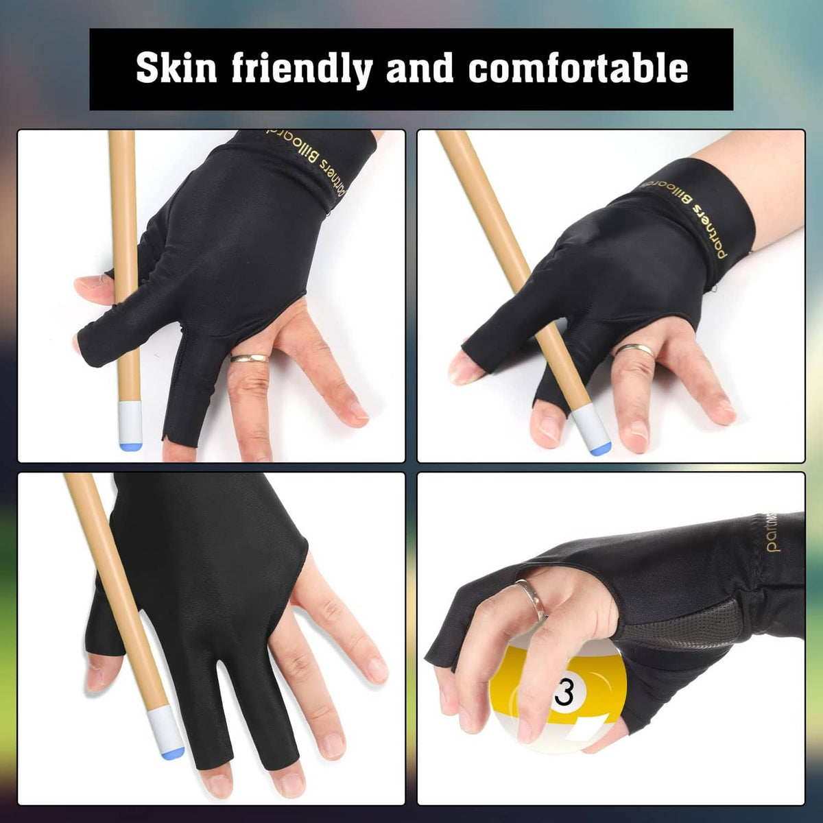 Black fingerless pool gloves shown on hands, with textured palm and open fingers