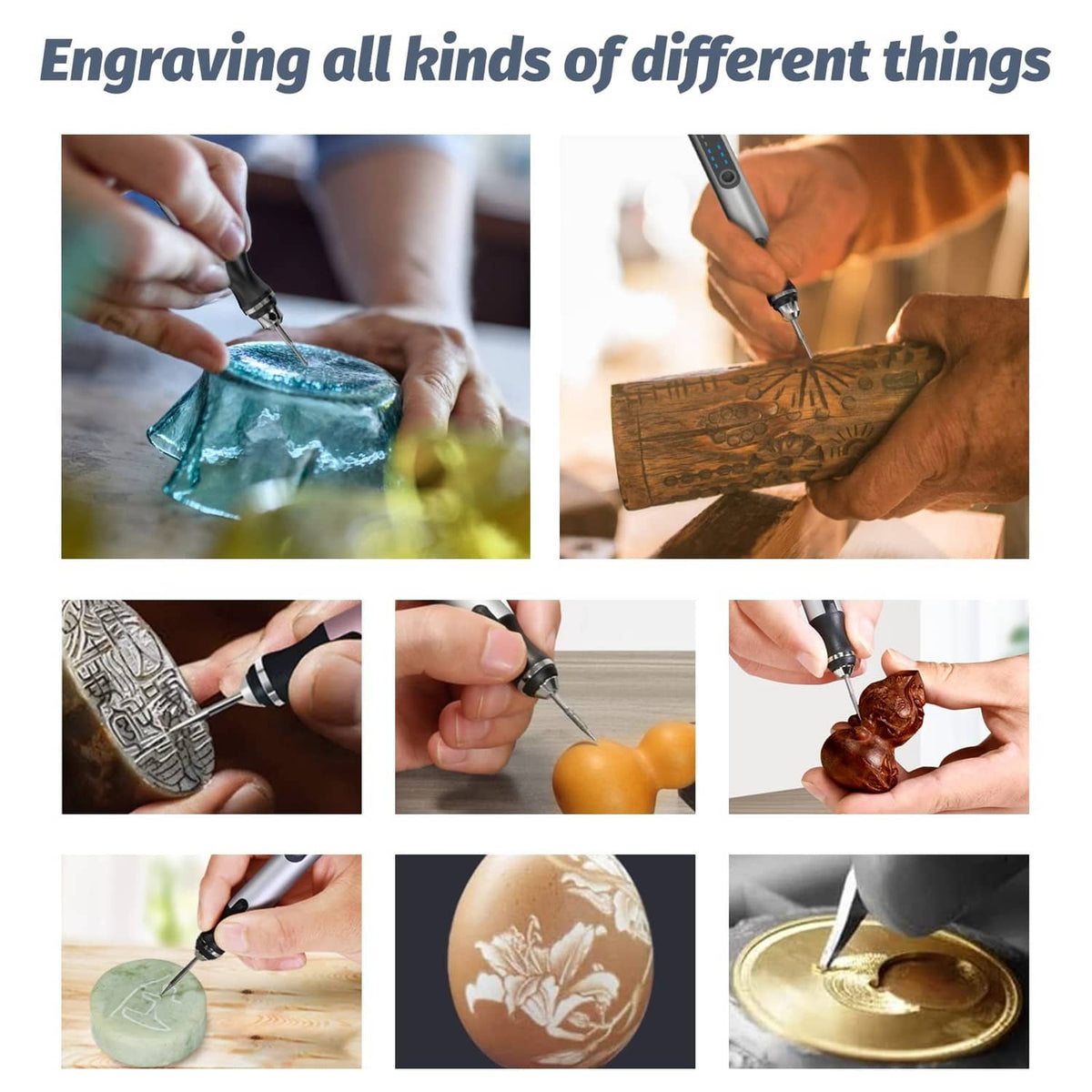Electric engraving pen in use with metal tip, engraving decorative designs
