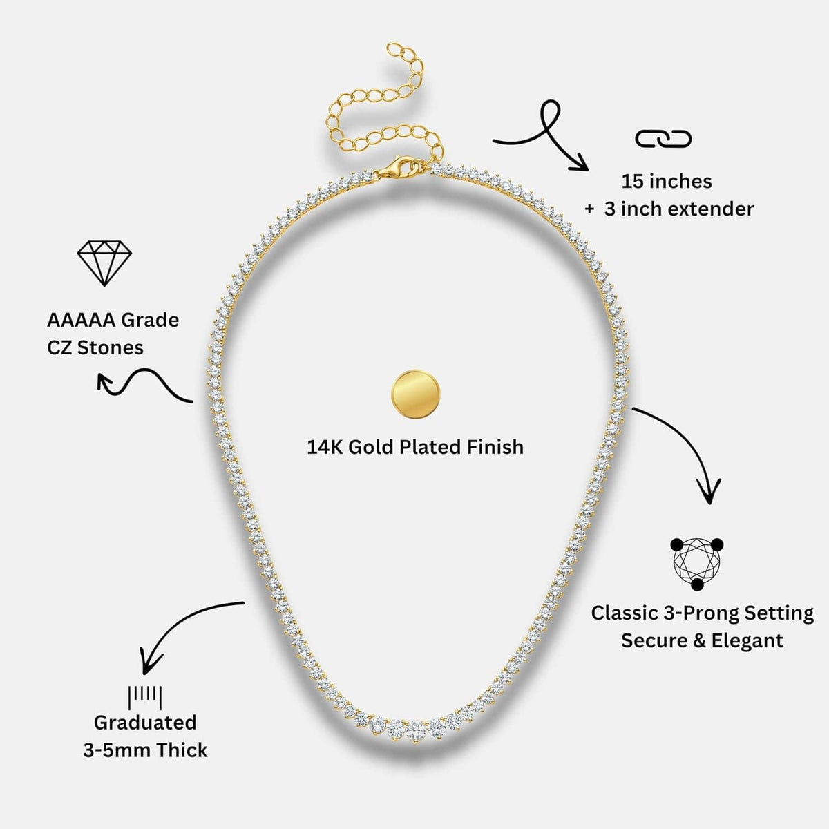 Graduated tennis necklace with white CZ stones on 14K gold-plated chain, teardrop center