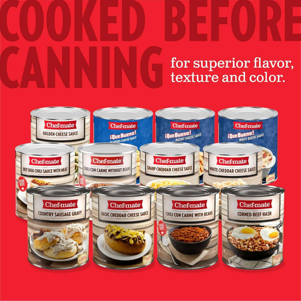 Assorted Chef-mate canned meal varieties displayed in a lineup