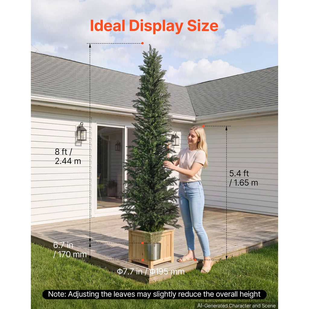 Tall artificial cedar topiary tree in a dark pot with dense green foliage