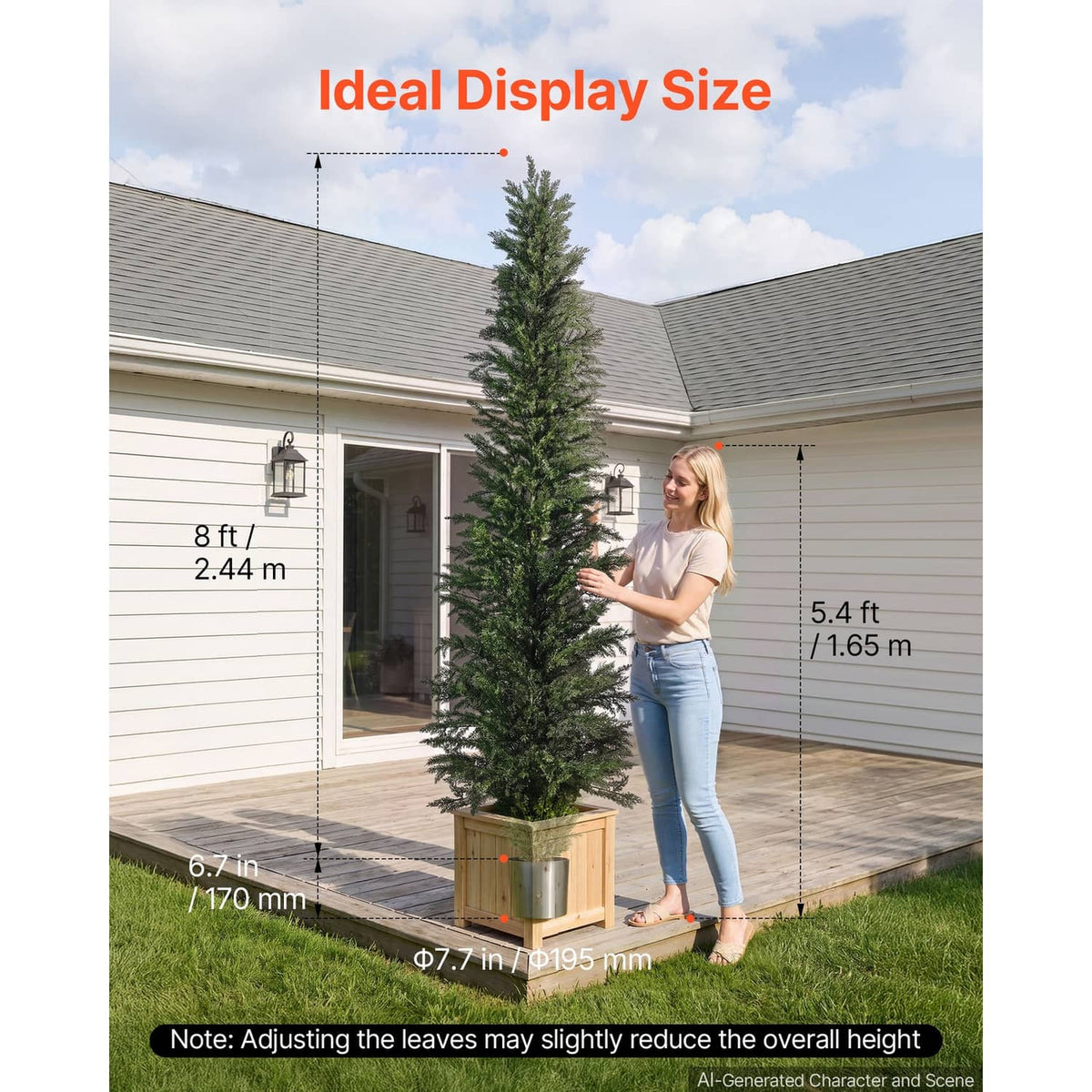 Tall artificial cedar topiary tree in a dark pot with dense green foliage