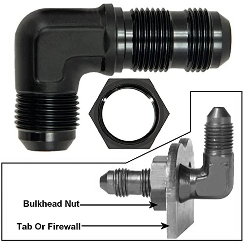 Black 90-degree bulkhead flare fitting adapter with included bulkhead nut and tab area