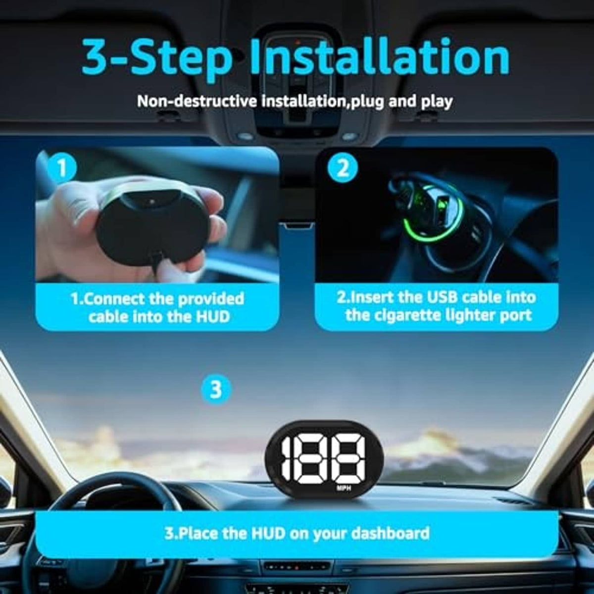 3-step installation HUD speedometer with USB connection and dashboard placement