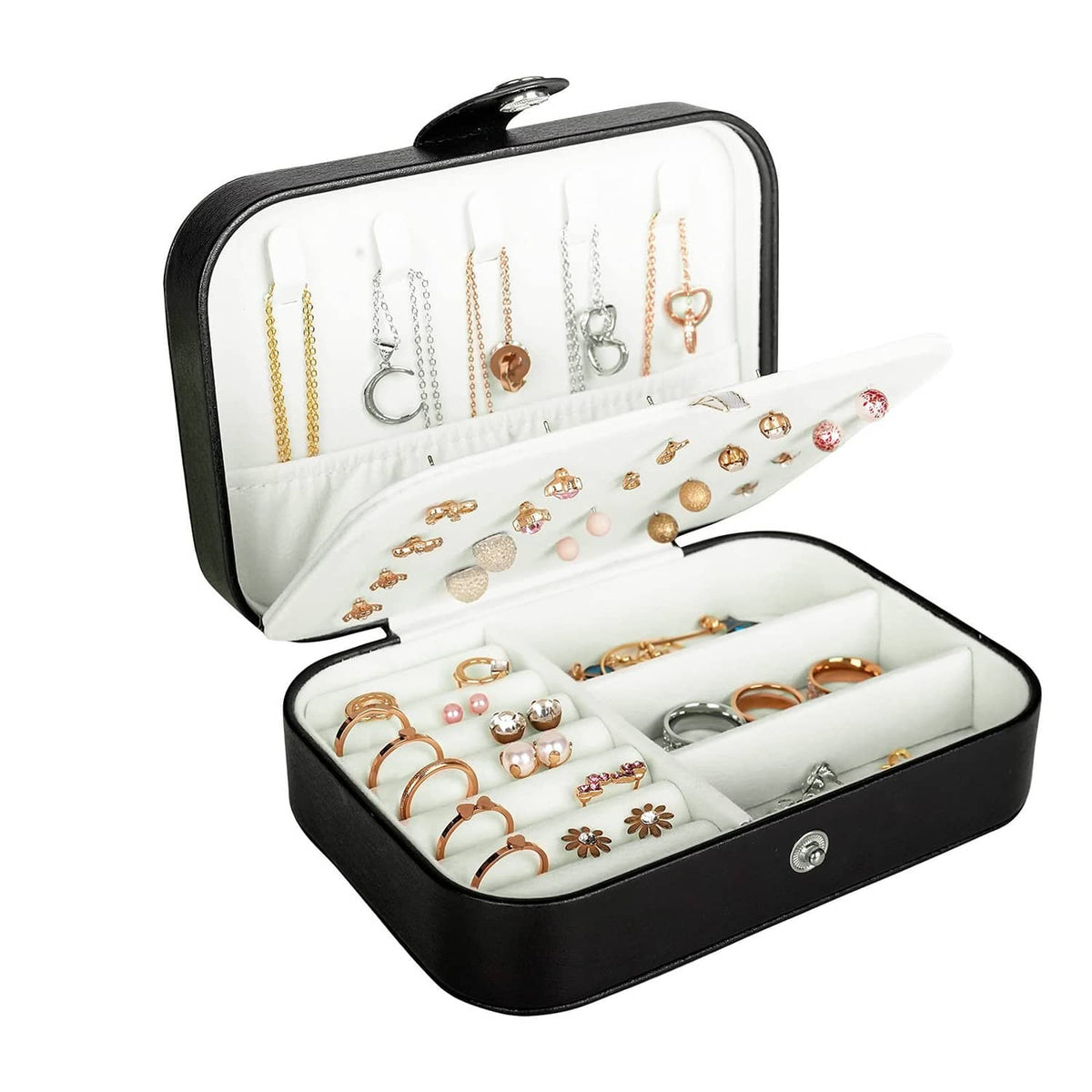 Black PU leather travel jewelry box with open hinged lid and organizer tray
