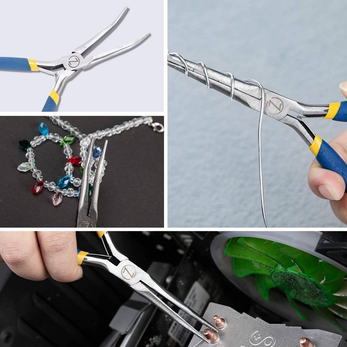 Needle-nose pliers with fine tips; blue grips, yellow bands shown on hand and jewelry wire