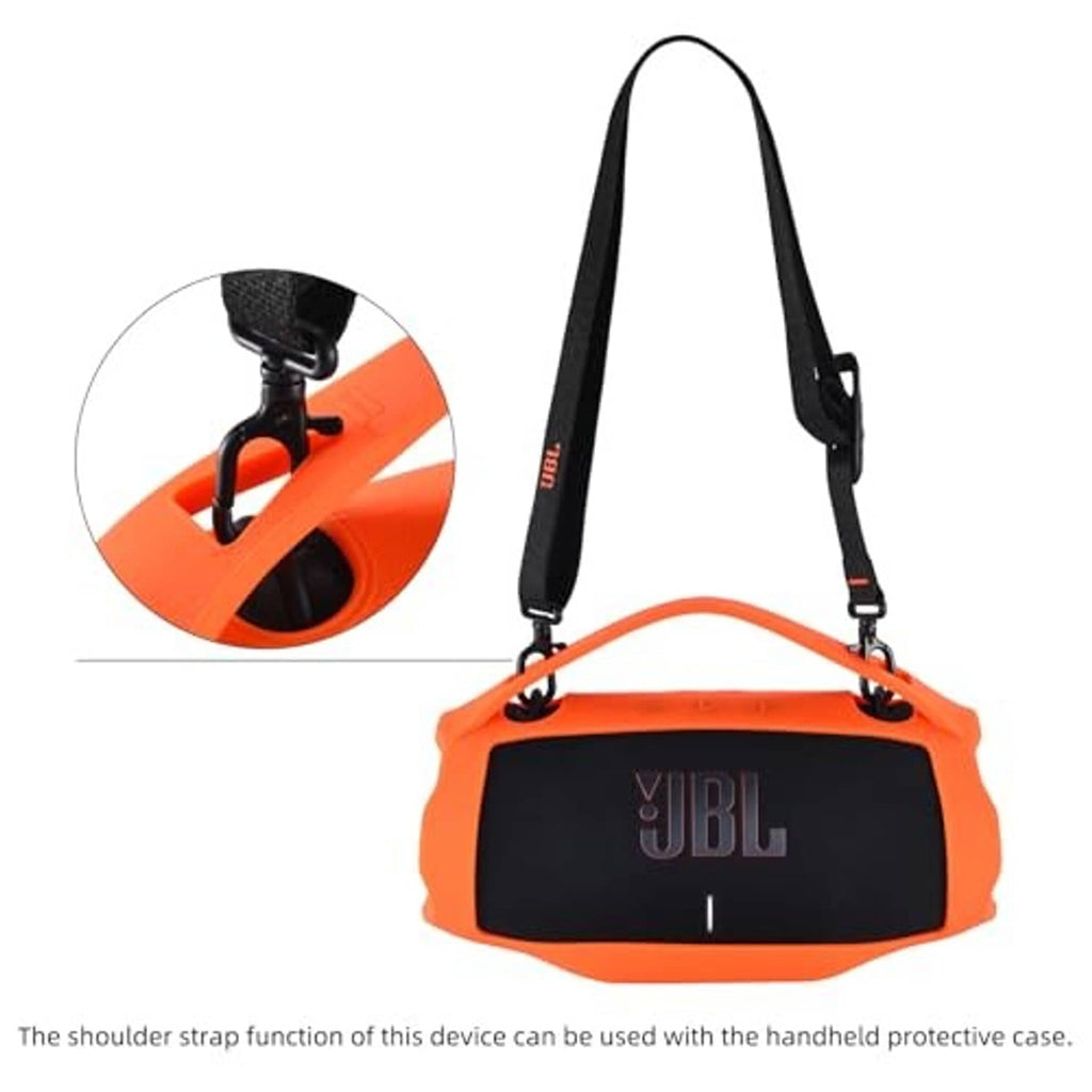 Orange silicone speaker case with black front and adjustable shoulder strap