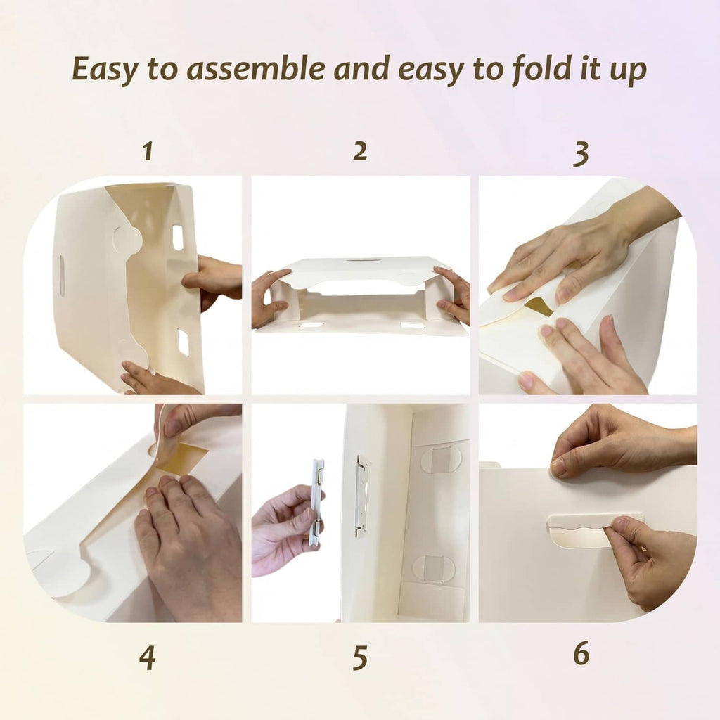 Light yellow foldable scrapbook paper organizer panels shown assembled step-by-step