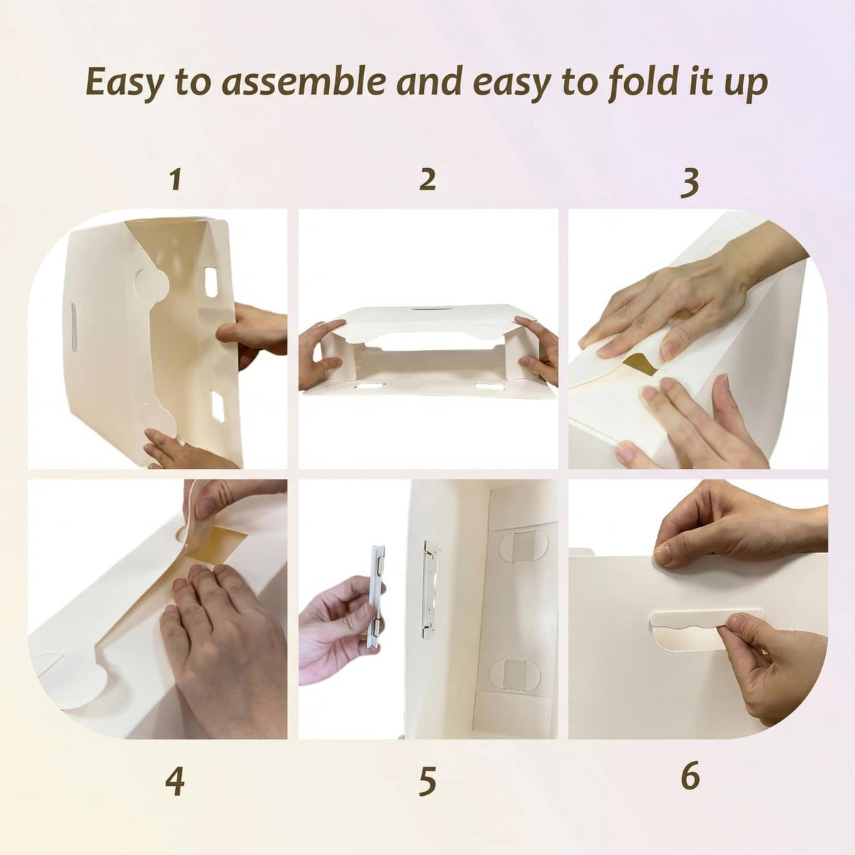 Light yellow foldable scrapbook paper organizer panels shown assembled step-by-step