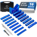 Blue Blockcision woodworking setup blocks with black storage case and metal tools