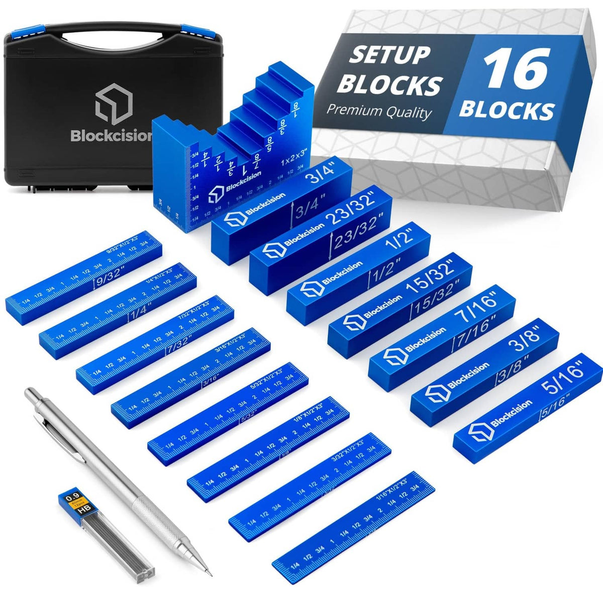 Blue Blockcision woodworking setup blocks with black storage case and metal tools