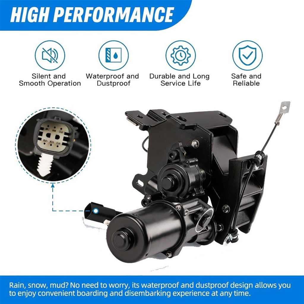 Power running board motor assembly with actuator housing and connector plug detail