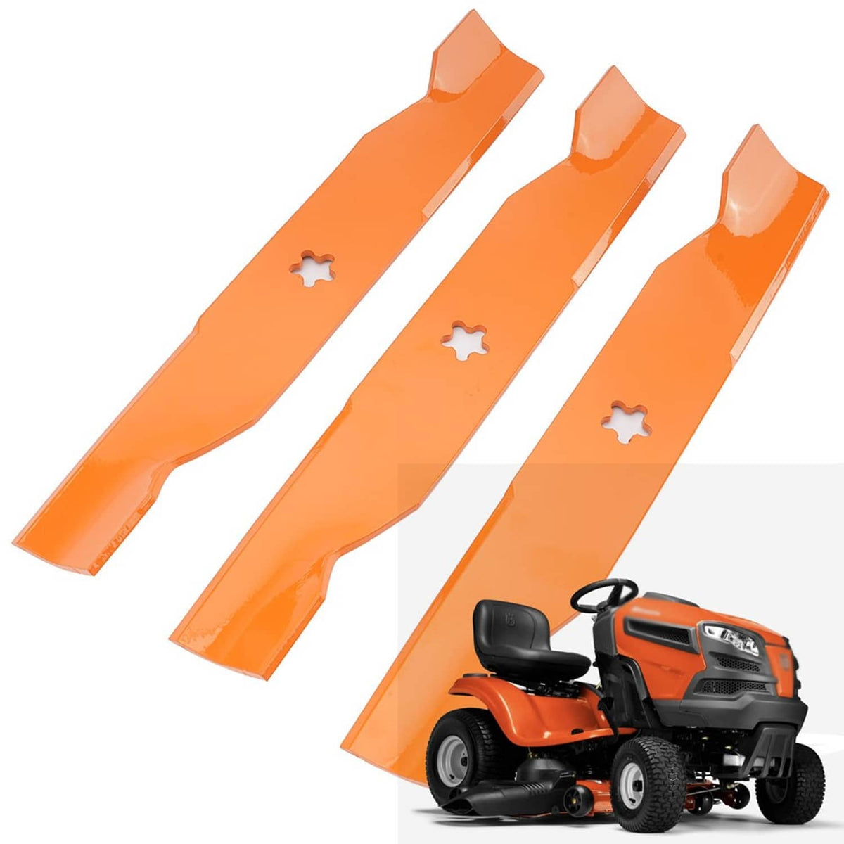 Orange mower blades, three-piece set with star-shaped center cutouts