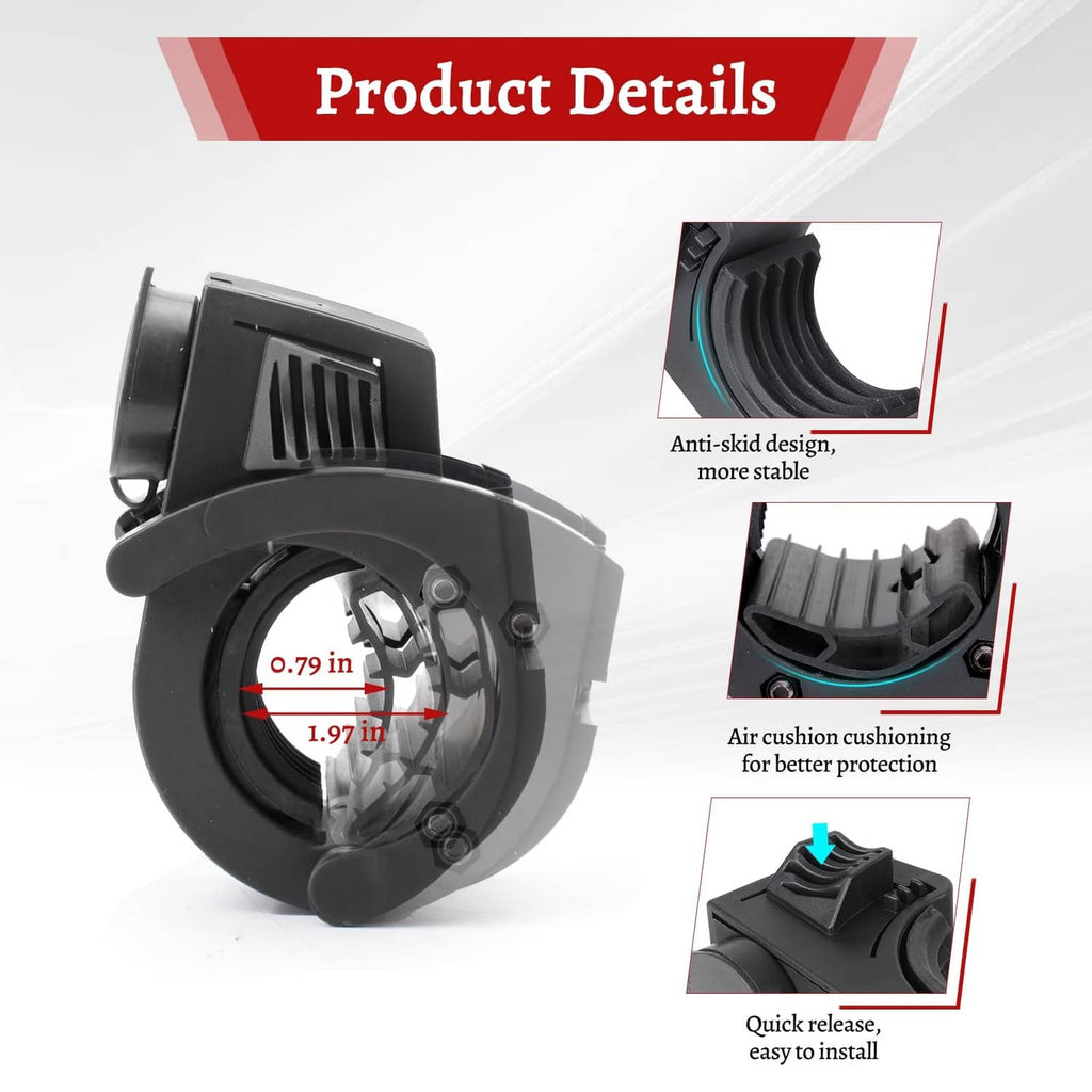 Black shovel holder rubber grip mount clamp with size guide and anti-skid grip